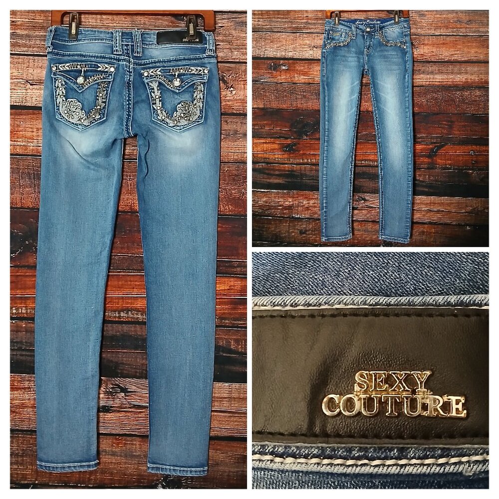 Sexy Couture Jeans 7 Low Rise Skinny Embellished Distressed Blue Denim